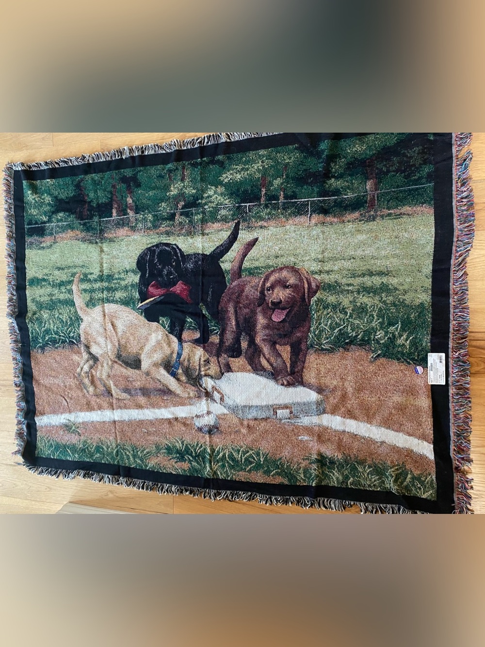 VTG Tapestry Blanket "Stealing 2nd" by Bob Christie Puppies Dogs Basebalk USA